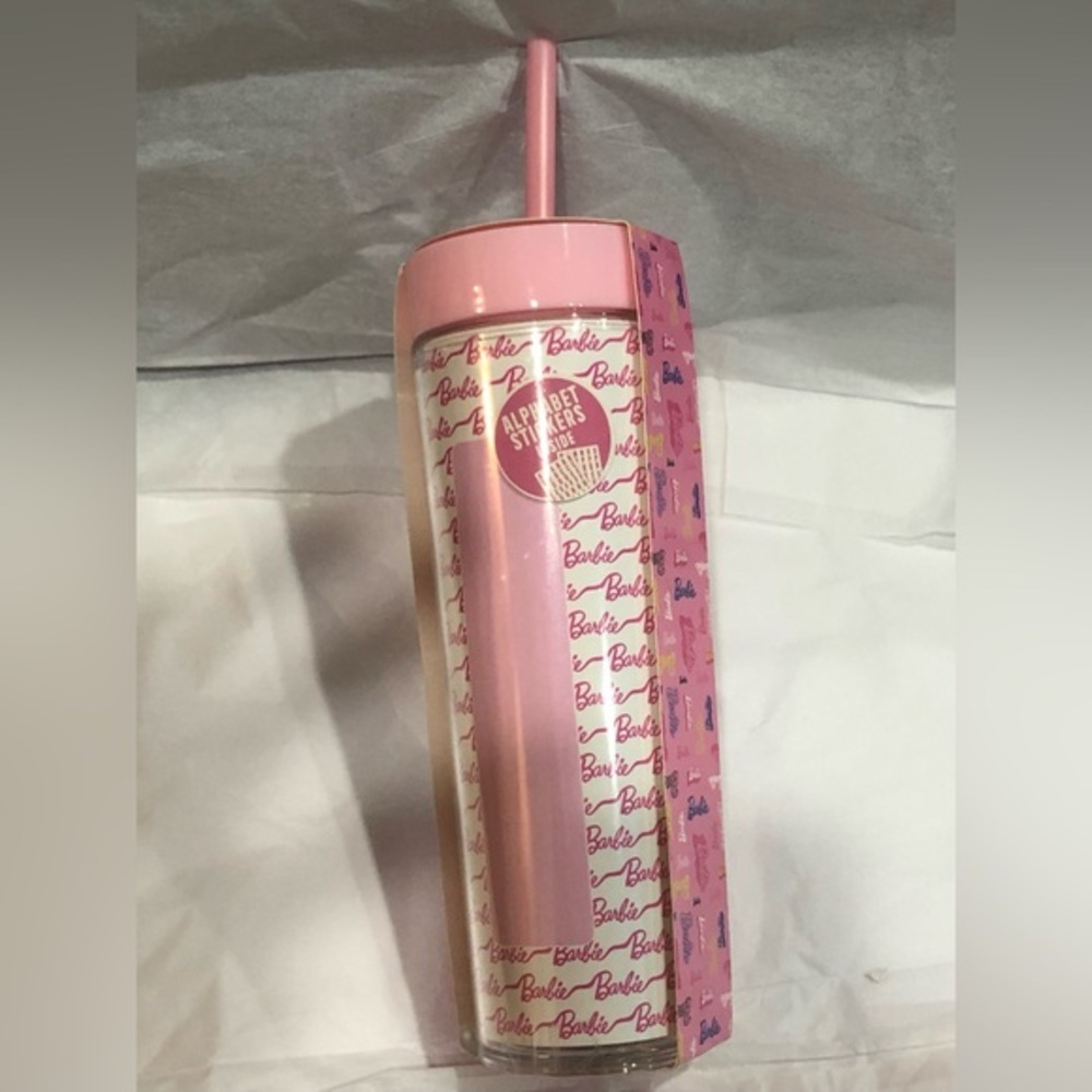 Barbie pink clear acylic personalized monogrammed drink tumbler with straw new